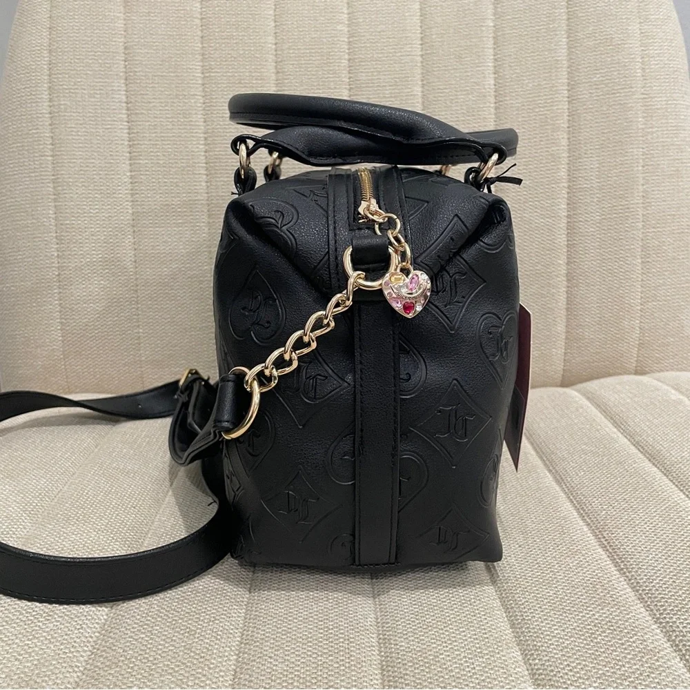 NEW Juicy Couture Black Embossed Monogram Heart Rhinestone Satchel Crossbody Bag